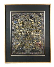 Tibetan Gouache Framed Thangkas Black Buddha
