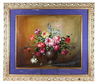 Mid C Signed Oil Painting Floral Still Life Framed