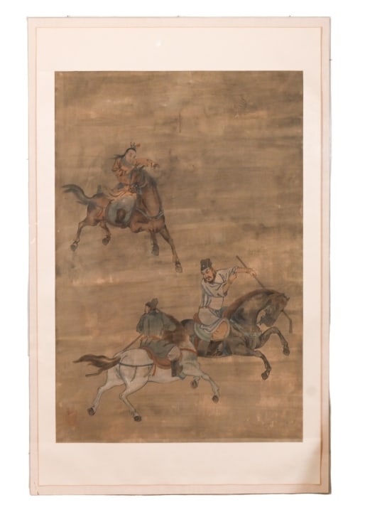 Mural Size Japanese Watercolor of Samurai Lucite: Mural Size Japanese Watercolor of Samurai on Horseback in Lucite Frame. Measures 69 inches x 44 inches.