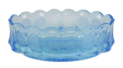 Antique Fostoria Coin Blue Glass Oval Bowl