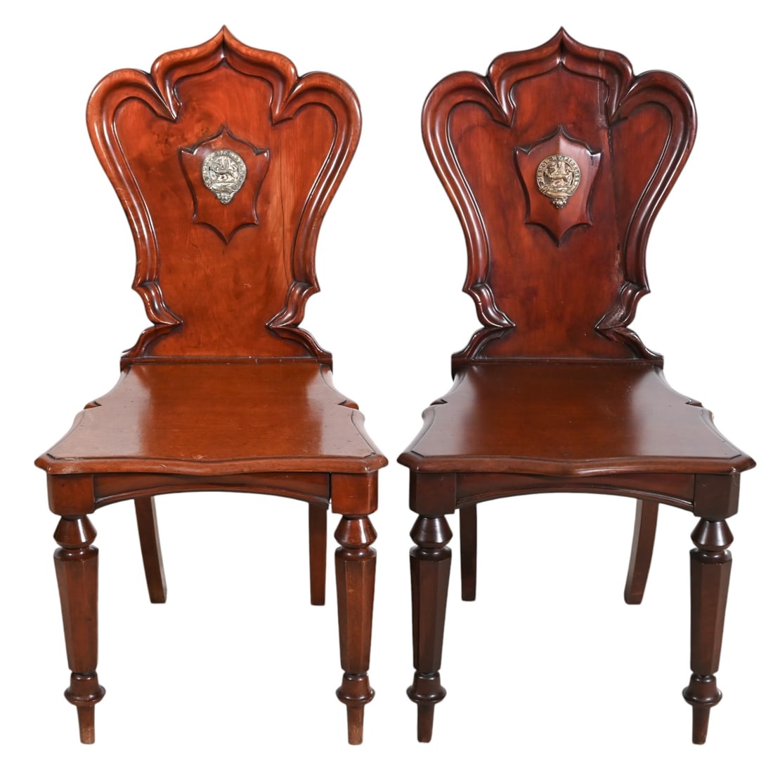 Pair William IV Hand Carved Crested Hall Chairs: Pair William IV Hand Carved Crested Hall Chairs. "Memor Et Fidelis" w/ Griffin Symbol Measures 35 inches x 18 inches x 16 inches seat height 17 inches.