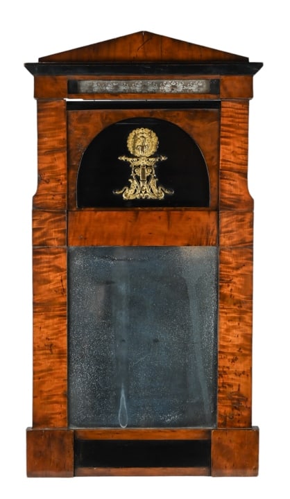 Antique Continental Empire Burled & Lacquer Mirror: Antique Continental Empire Burled Wood & Black Lacquer Mirror with Original Etched Glass and Mirrored Glass. Measures 33 inches x 17 inches.