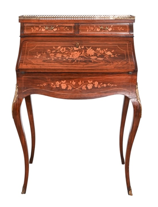Antique French Carved Inlaid Marquetry Desk: Antique French Hand Carved Inlaid Marquetry Ladies Secretary Desk with Brass Gallery.Measures 40.5 inches x 28 inches x 18 inches.