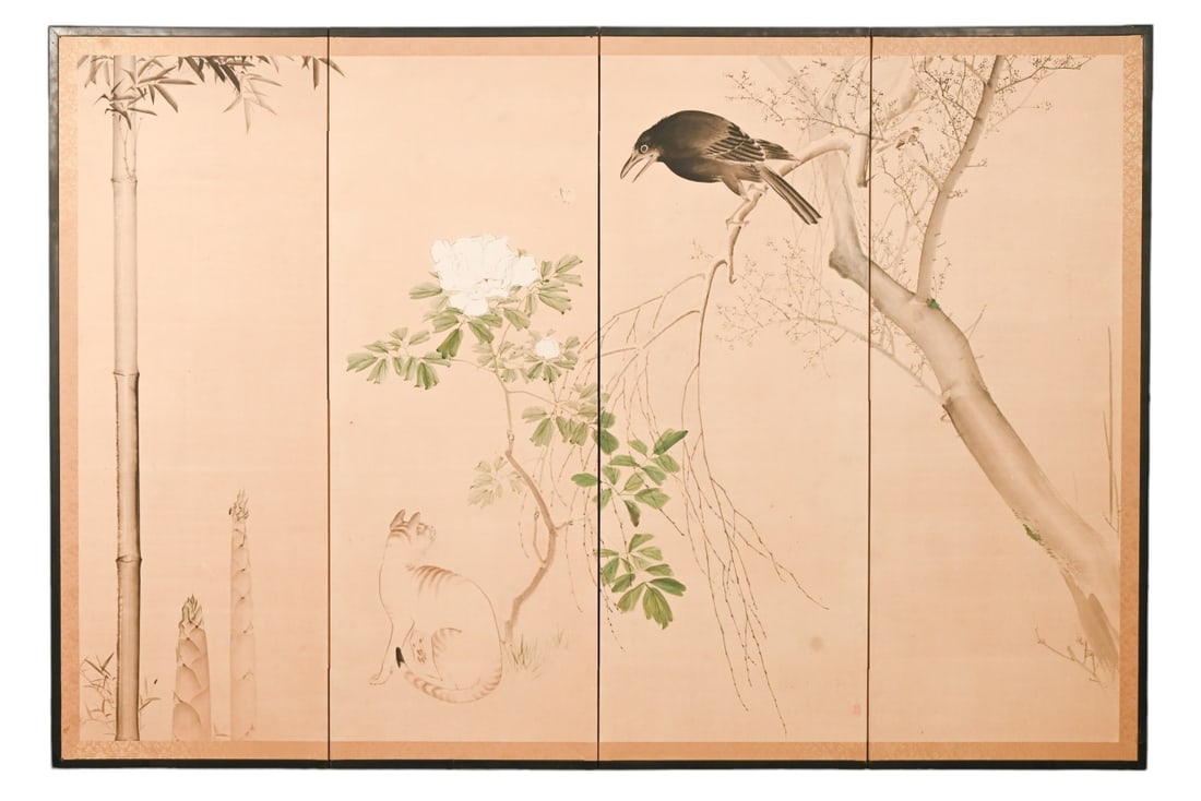 Antique Chinese Hand Painted 4 Panel Screen Crow (1 of 12)