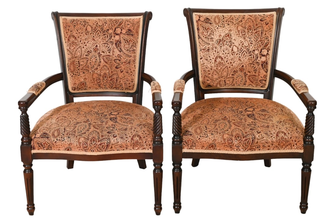 Pair Louis XVI Style Carved Upholstered Armchairs: Pair Louis XVI Style Hand Carved Custom Upholstered Armchairs.Measures 36 inches x 27 inches x 25 inches, sear height 17 inches.