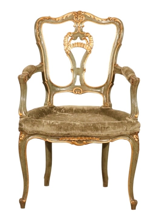 French Louis XV Style Carved Upholstered Armchair: French Louis XV Style Carved Upholstered Armchair.Measures 37 inches x 29 inches x 20 inches, seat height 21 inches.