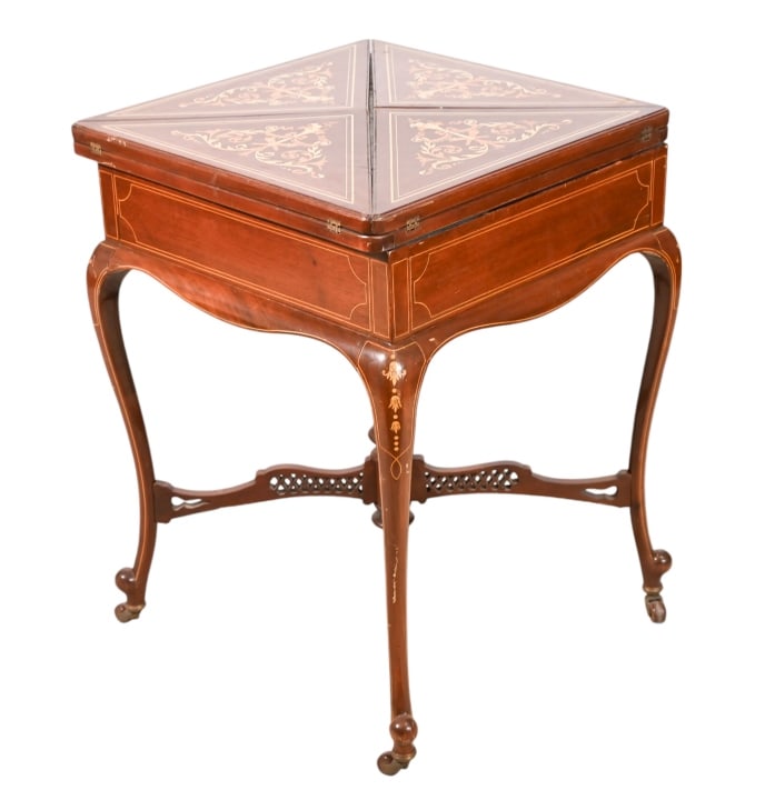 Antique Carved Inlaid Envelope Card Table (1 of 14)