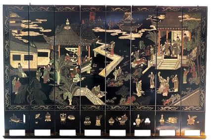 10 Foot Chinese Hand Painted Black Lacquer Screen