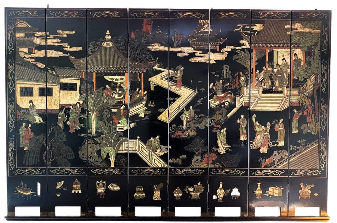 10 Foot Chinese Hand Painted Black Lacquer Screen (1 of 6)