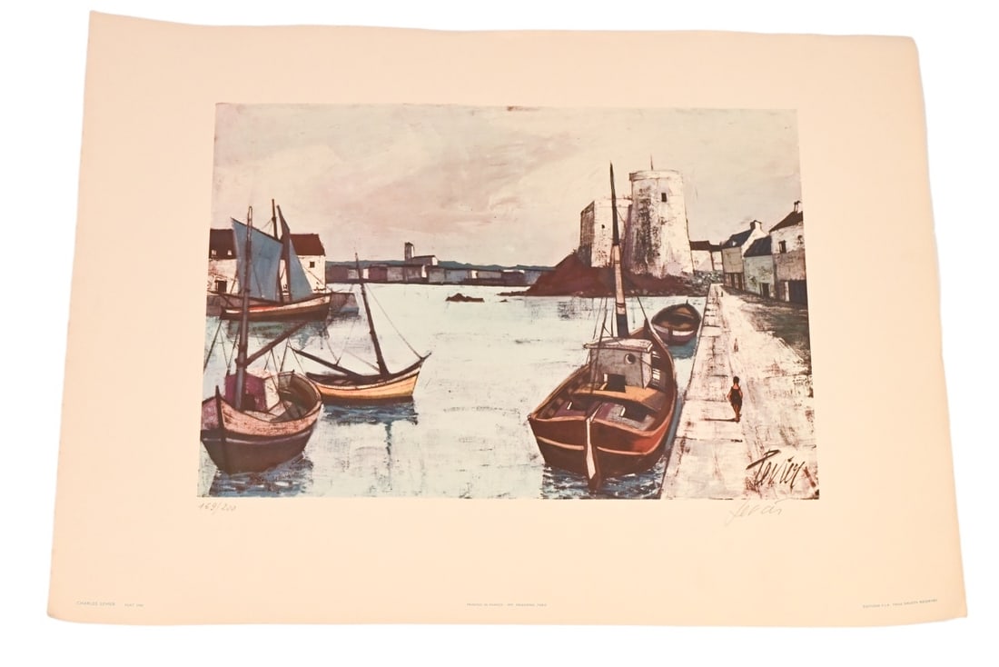 Charles Levier Signed Lithograph Titled Port 1961: Charles Levier, French American 1920-2003, Signed Mid Century Lithograph Titled Port, Numbered 169/200, and Dated 1961. Consigned by Charles Levier estate. Measures 20 inches x 25 inches.
