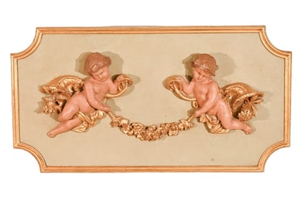 Italian Revival Cement Poured Putti Painted Plaque
