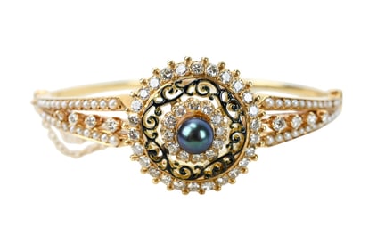 14K YG Victorian Style Diamond Pearl Bangle