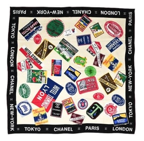 Chanel Silk Hand Sewn Scarf w Travel Decal Pattern