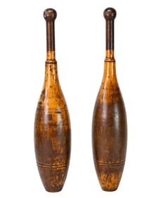 Pair Antique 19th C Carved Indian Club Pins