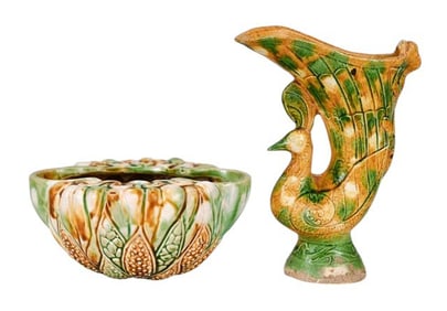 2 Chinese Egg Yolk & Spinach Ceramic Vessels