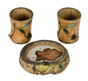 Chinese Brush Pot Set of 3 w Bamboo & Spider Motif