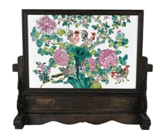 Chinese Famille Rose Painted Tile in Carved Frame