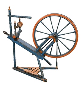 Antique Carved Blue Painted Spinning Wheel