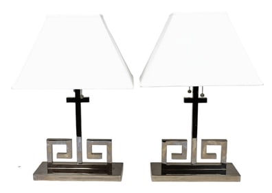 2 Visual Comfort Greek Key Motif Chrome Lamps