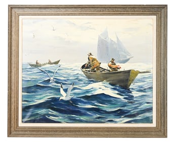 Gilbert Signed Oil Painting of Fisherman at Sea