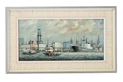 Gio Bruno Signed Oil Painting of City Harbor