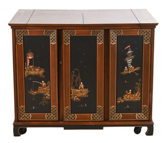 Oriental Style Painted Bar Cabinet on Casters
