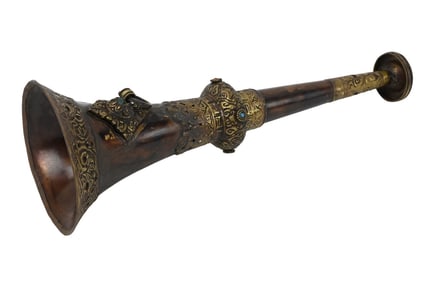 Antique Tibetan Buddhist Ceremony Horn w Gemstones