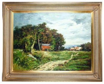 Jasper Signed Landscape Oil Painting Road & Farm