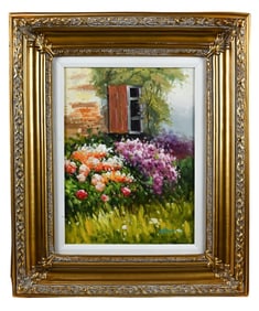 Signed Oil Painting of Garden Window Framed