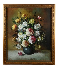 Signed Mid C Floral Oil Painting Still Life Framed