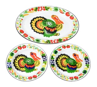 Vintage Enamel Ware Turkey Motif Platter & Plates