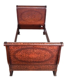 Dutch Marquetry Satinwood Inlaid Sleigh Bed