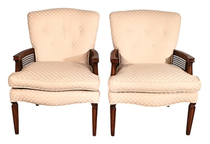 Regency Style Upholstered Caned Accented Armchairs