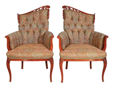 Hollywood Regency Style Carved Tufted Armchairs