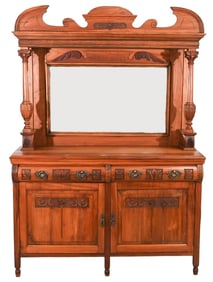 Arts& Crafts Carved Oak Mirrored Sideboard