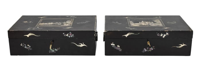 Pair Chinese Lacquer Inlaid MOP Table Boxes w Lock
