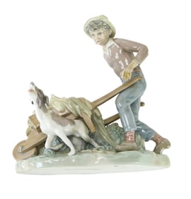 Lladro Porcelain Statue Boy, Dog and Wheel Barrel