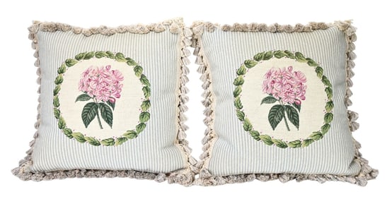 Pair Needlepoint Down Filled Hydrangea Pillows