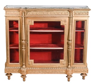 Antique Carved Gilt Marble Top Display Cabinet