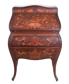 Antique French Carved Inlaid Marquetry Bombay Desk