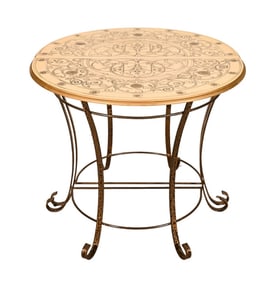 Two Half Round Hand Painted Gilt Iron Leg Tables