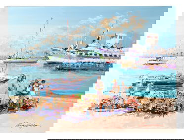 Kerry Hallam Signed Painting Titled Caribbean Port