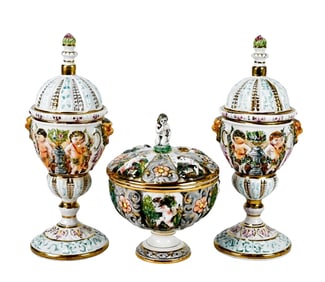 Italian Painted Capodimonte Bon Bon Dish and Urns