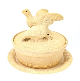 Antique English Caneware Pottery Tureen w Doves