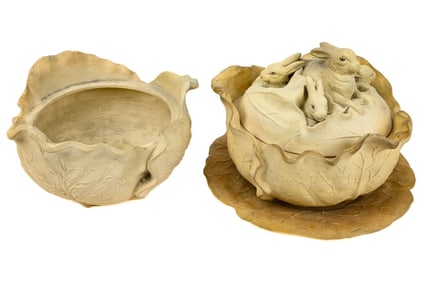 Antique English Caneware Covered Tureen Cabbage