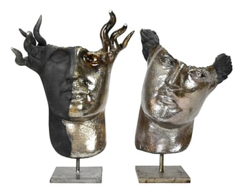 Pair Art Pottery Signed Medusa and Hermes Masks