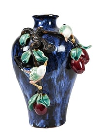 Shiwan Style Blue Glaze Majolica Vase w Bird Motif