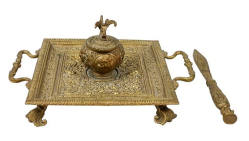 Antique Gilt Bronze Tray w Inkwell & Letter Opener