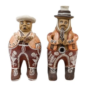 2 Peruvian Clay Hand Painted Musician Statues