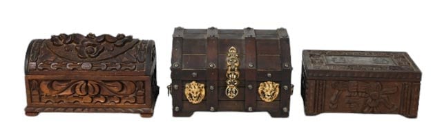 3 Vintage Mexican Hand Caved Wood Boxes w Hardware